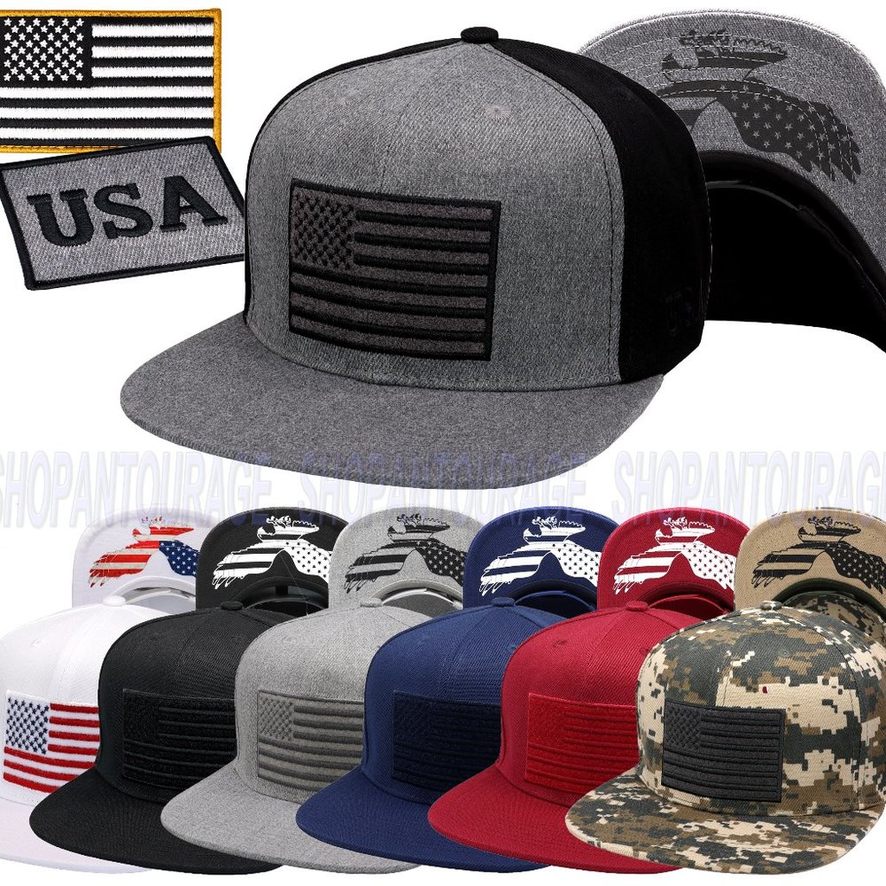Antourage American Flag Flat Visor Constructed Snapback Hat +2 Patriotic Patches